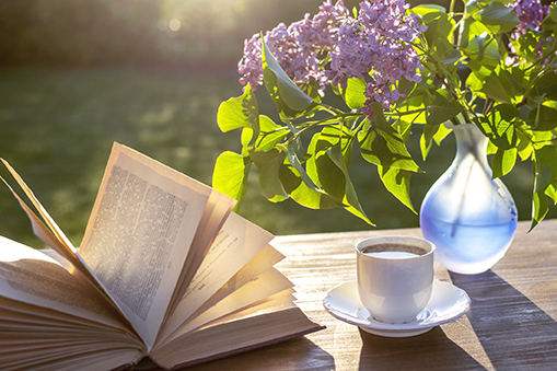 book, coffee and flowers