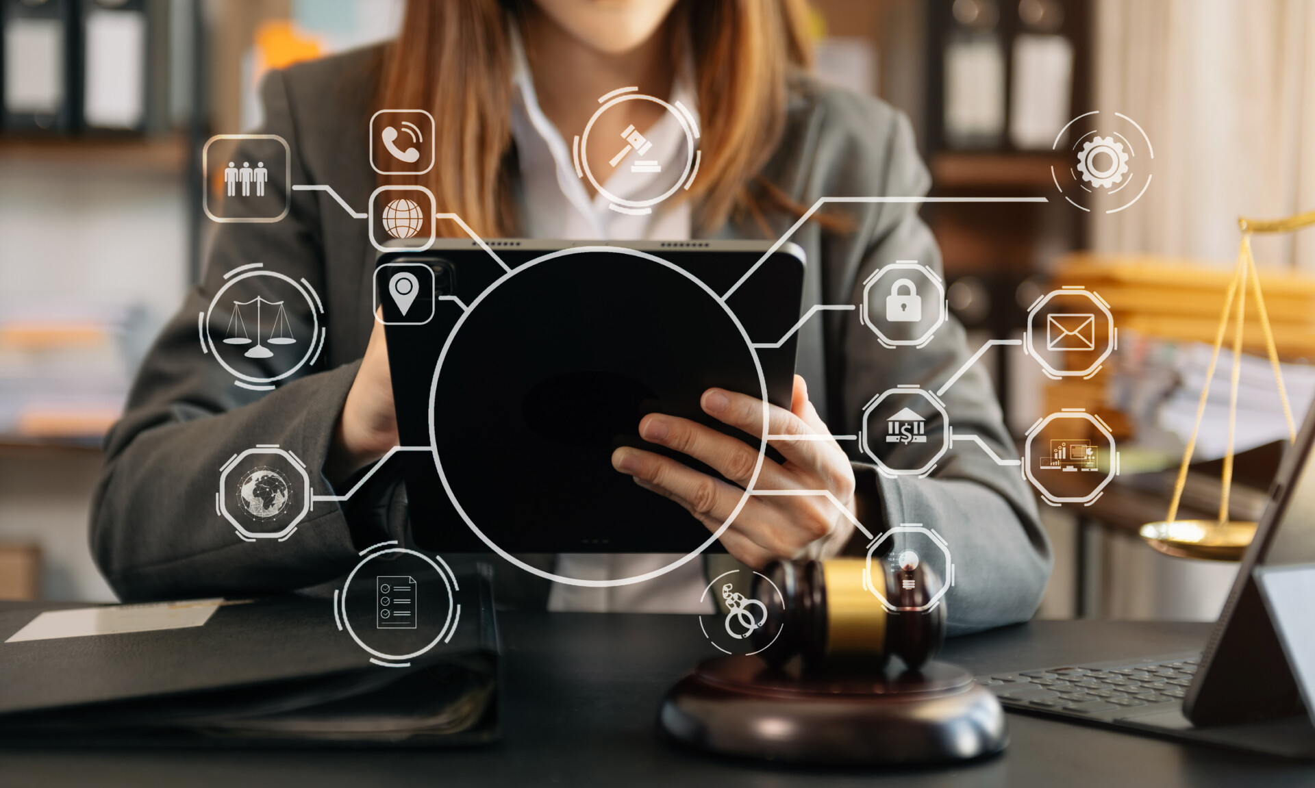 justice and law concept.Male judge in a courtroom the gavel, working with smart phone and laptop and digital tablet computer on with virtual icon