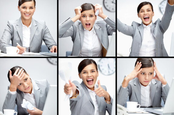 Collage of businesswoman in different situations during working day