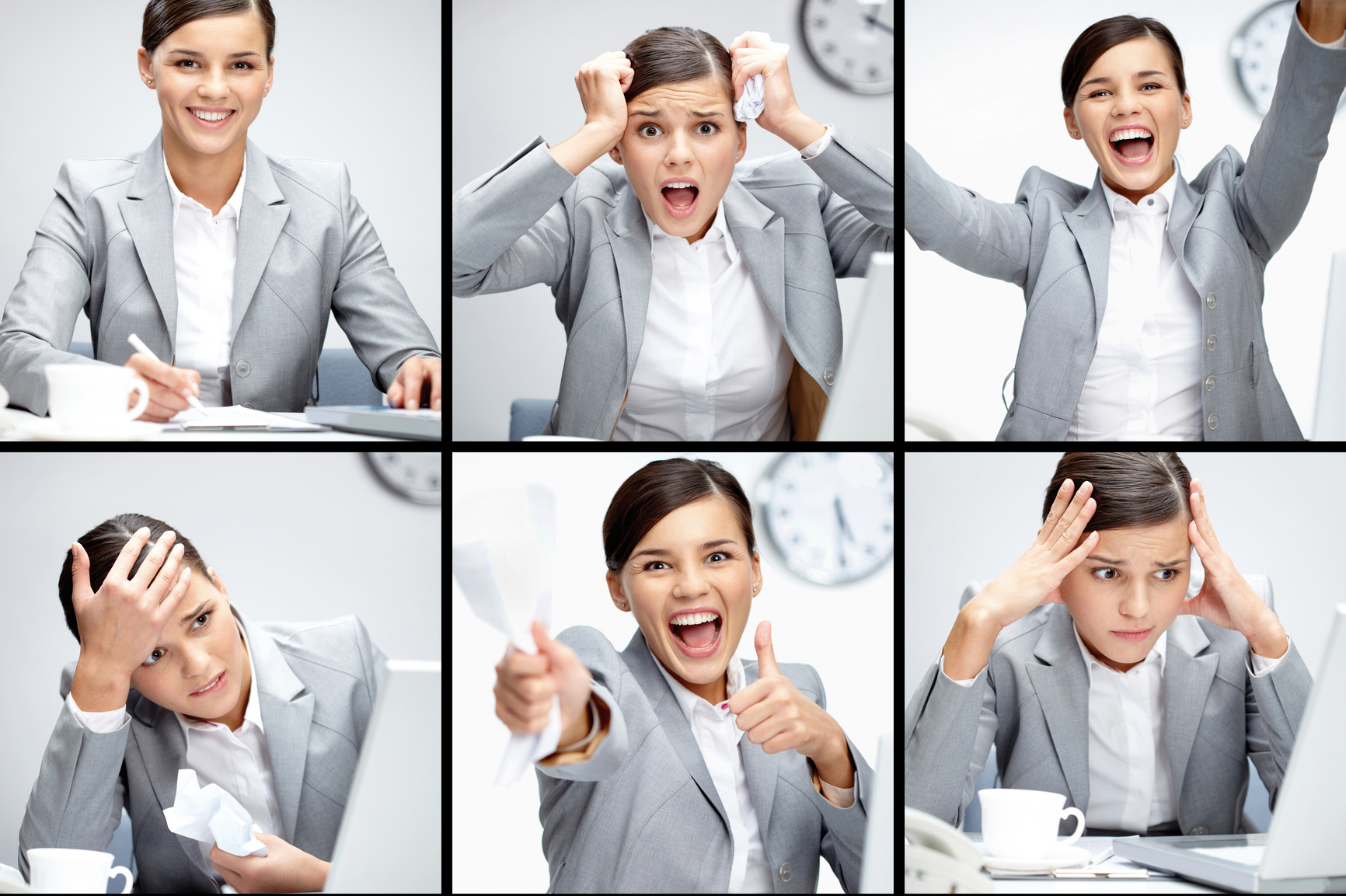 Collage of businesswoman in different situations during working day