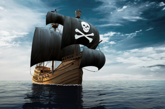 Pirate Ship On The High Seas. 3D Illustration.